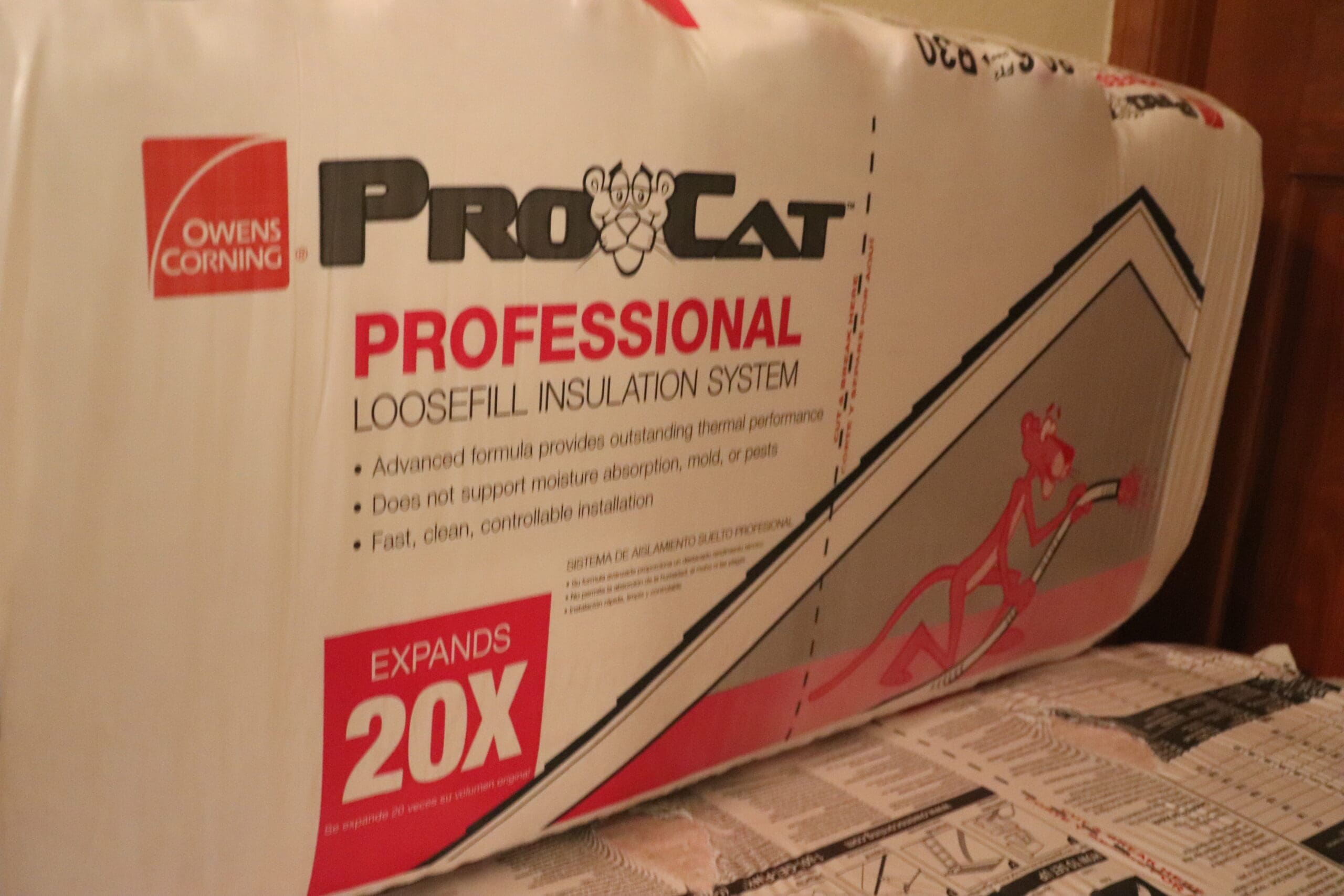 A bag of procat professional insulation is sitting on a table.
