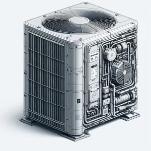 Detailed illustration of an external hvac unit showing intricate internal components and structure.