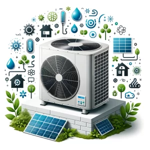 Illustration of an air conditioning unit surrounded by icons representing various environmental and energy elements like water, sun, and leaves.