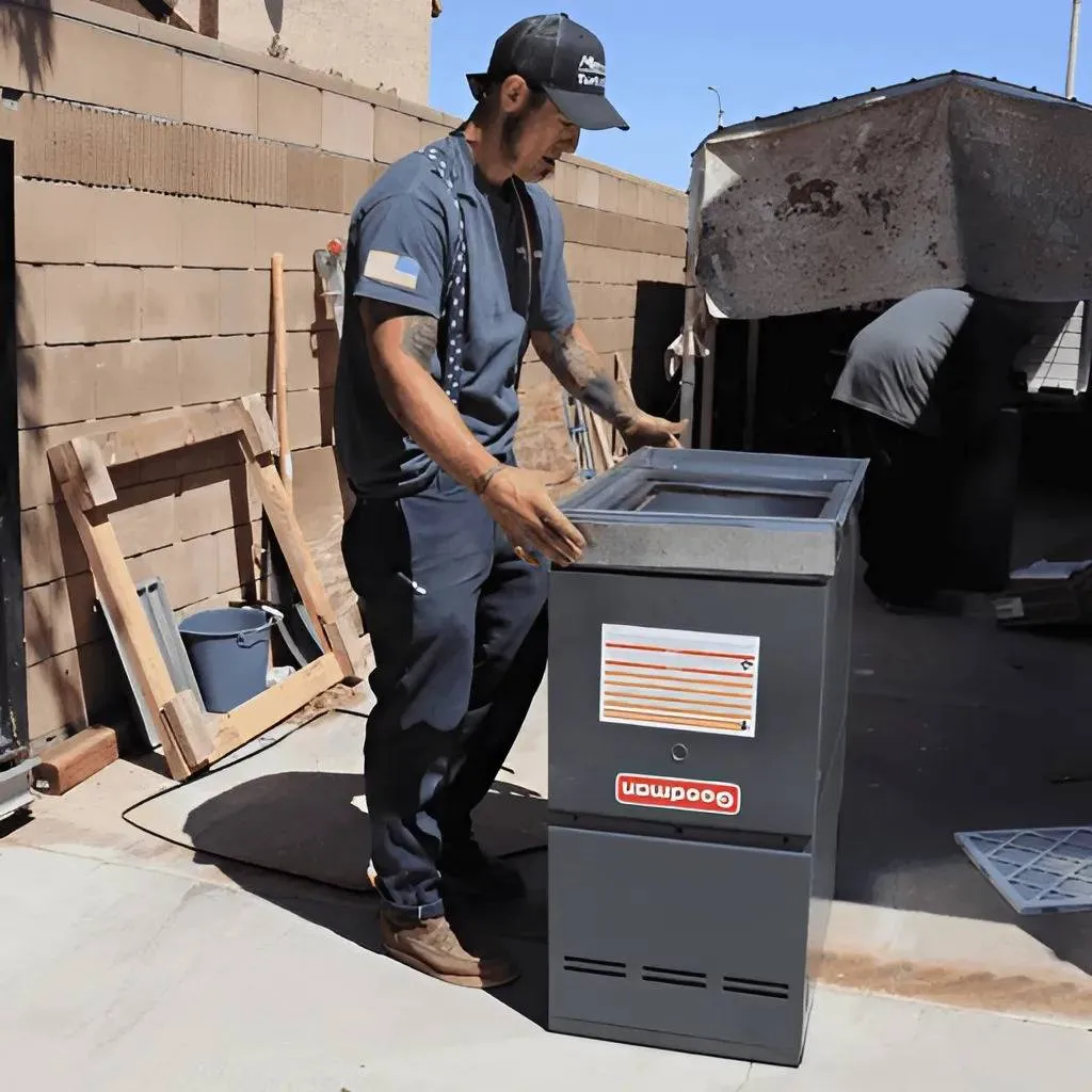 Person in work attire handling a Goodma*n HVAC unit outdoors near a wall and various tools.