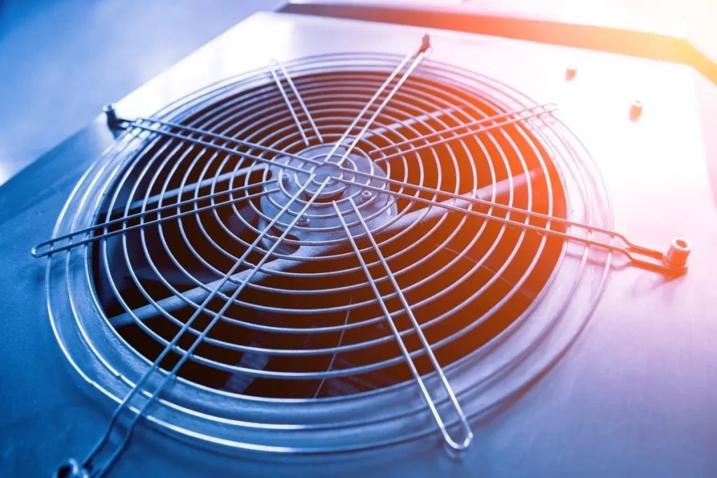 Close-up of an HVAC fan blade on a unit, representing professional HVAC repair, maintenance, and installation services provided by Working Class Heating and Air Conditioning Services for efficient heating, cooling, and air circulation.